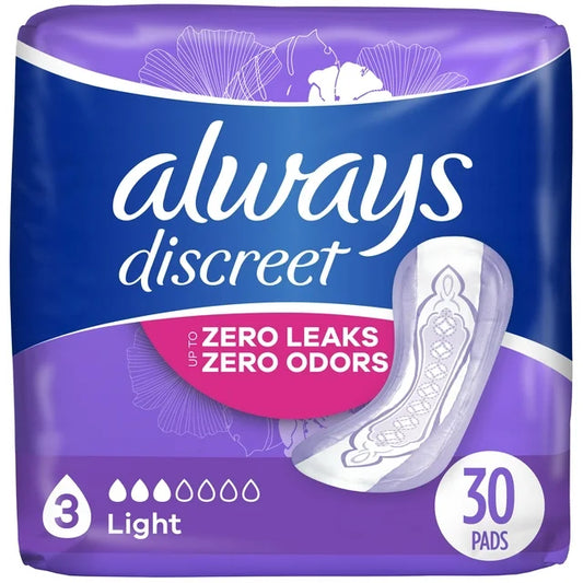 Compresas para incontinencia Always Discreet para mujeres, ligeras, 30 unidades
