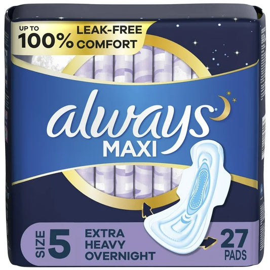 Always Maxi Pads with Wings, Size 5, Extra Heavy Overnight Absorbency, 27 CT