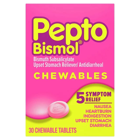 Comprimidos masticables Pepto Bismol para el alivio del malestar estomacal y la diarrea, medicamento de venta libre, 30 comprimidos originales