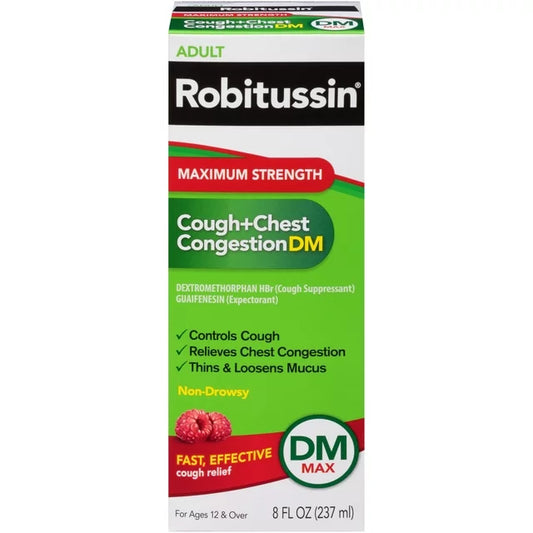 Robitussin Adult Maximum Strength Cough + Chest Congestion DM Max (8 fl. oz. Bottle) Raspberry Flavor